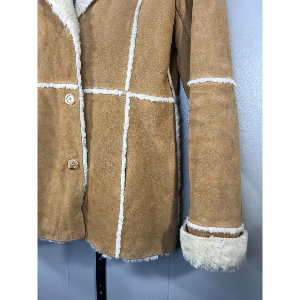 Vintage Y2K 90s Xhiliration 100% Leather Medium Faux Fur Jacket Coat Sherpa Tan - Picture 3 of 5